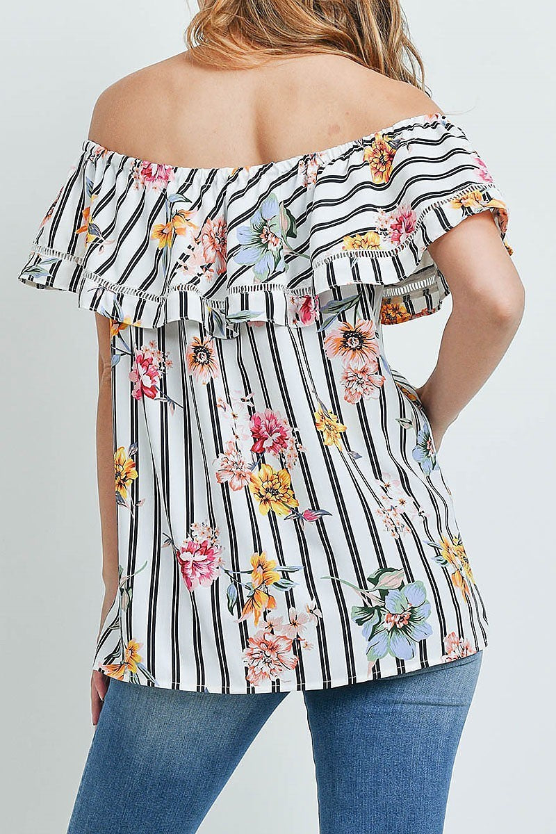 Off shoulder ruffle detail floral stripe top (ED8987-O3)