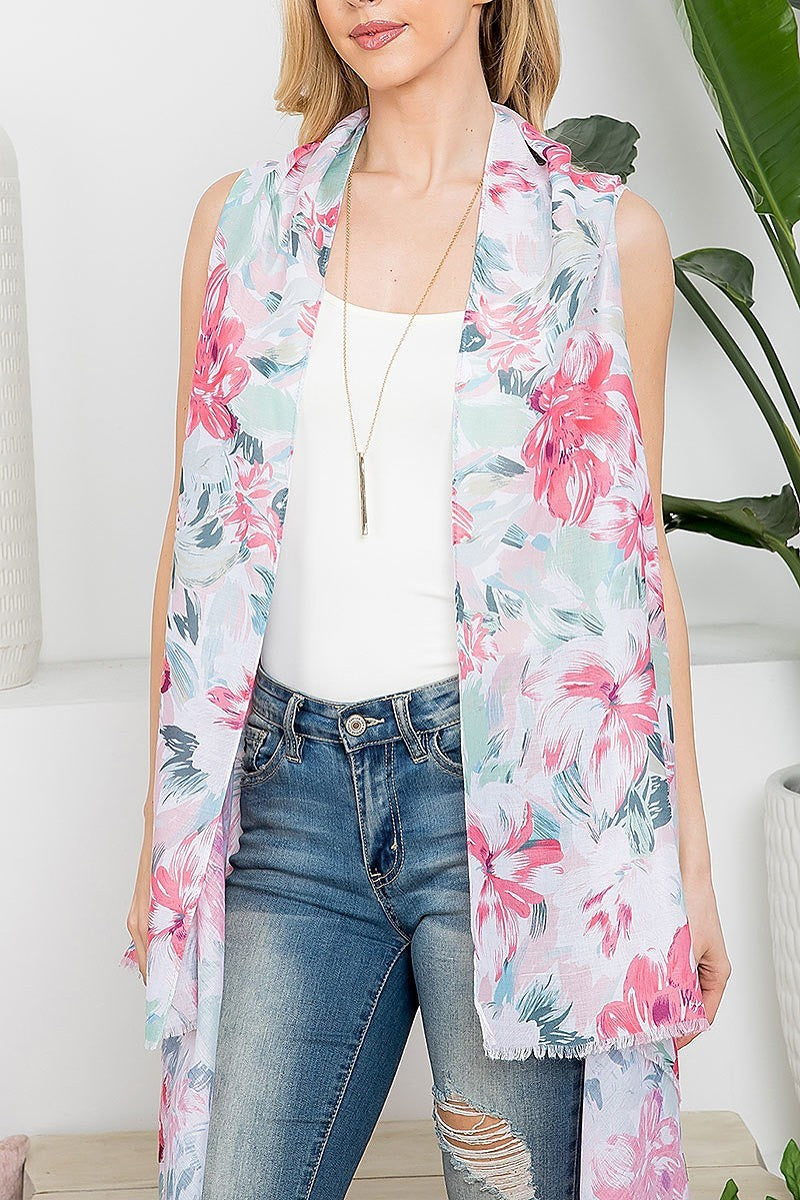 Flower print open front kimono vest (EF5314)