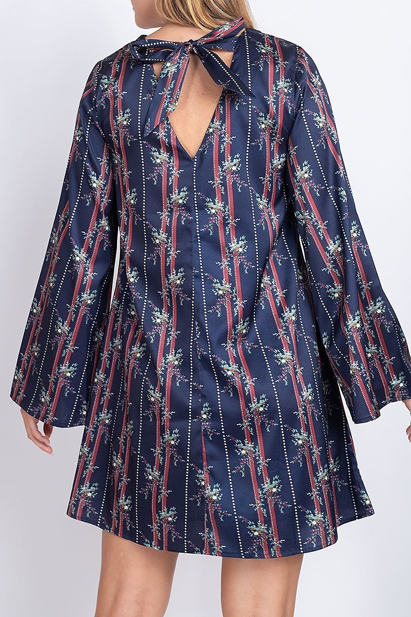 Floral print stripe bell sleeve tunic dress (DED6813)