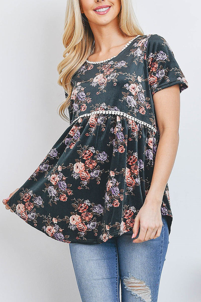 Lace trim floral print velvet baby doll top (EF2647)