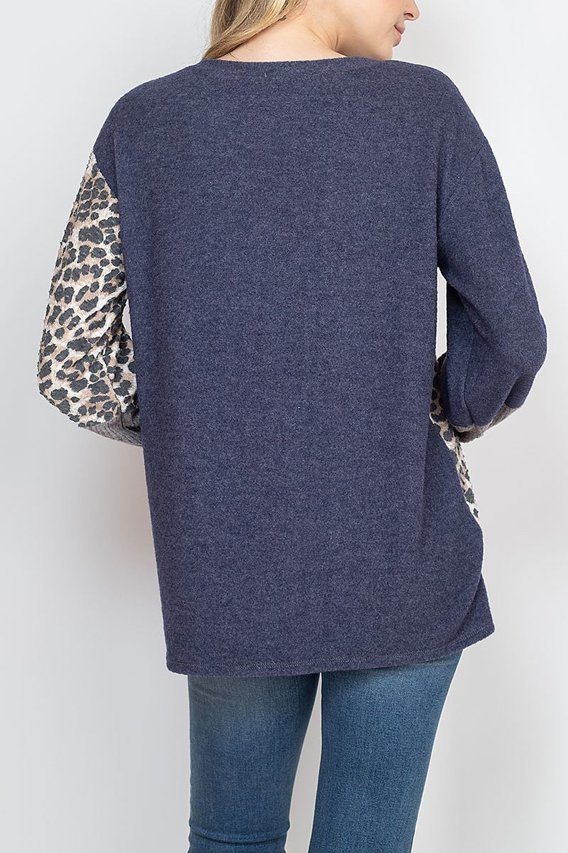 Long sleeve leopard contrast rib top (EF1967-1)