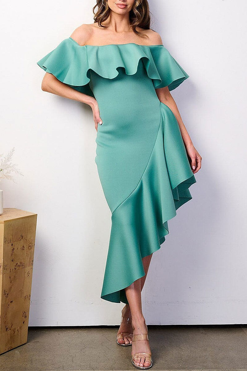 Off shoulder ruffle bandage high-low midi dress (EFWT8508)