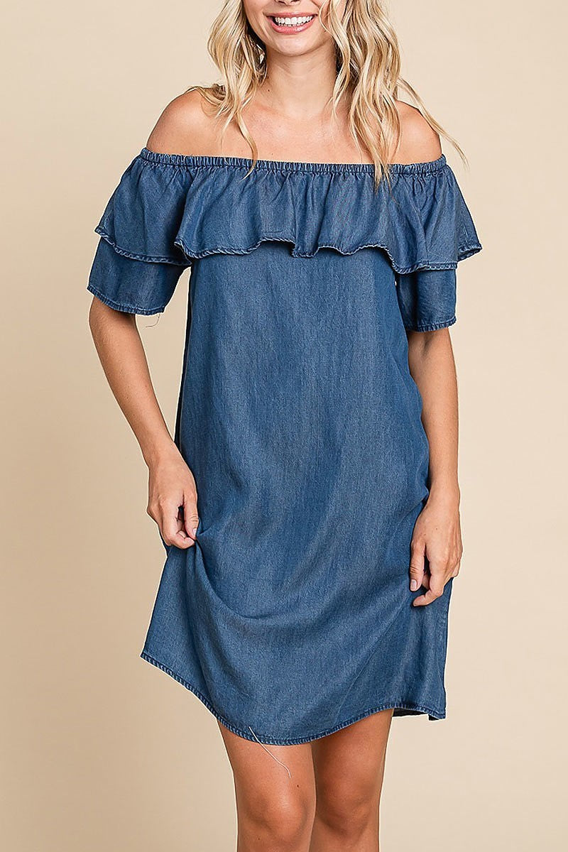 Chambray off-shoulder frilled neckline mini dress (EDH1629)