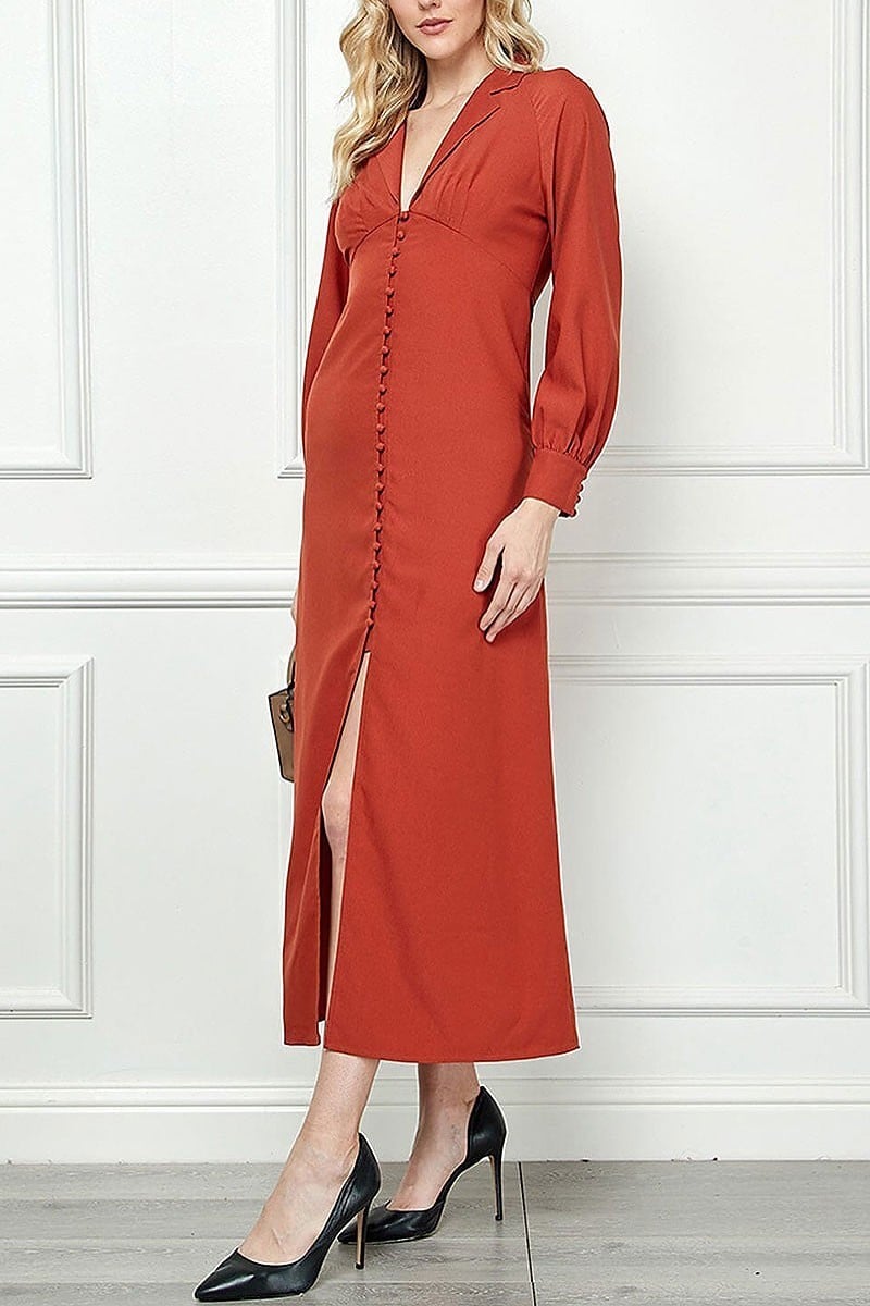 Long sleeve v-neck button up maxi dress (EGWT1335)