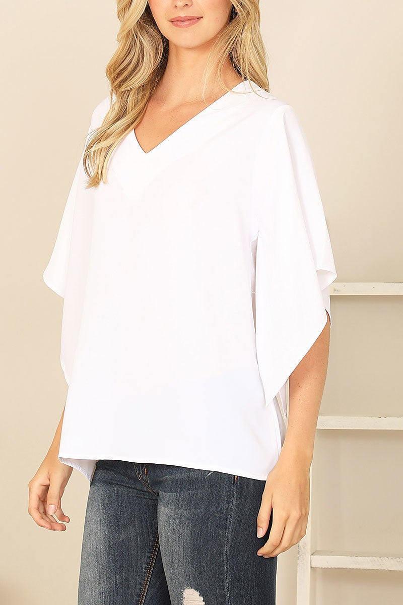 Plus size white v-neck butterfly sleeve solid top (XDG8269)