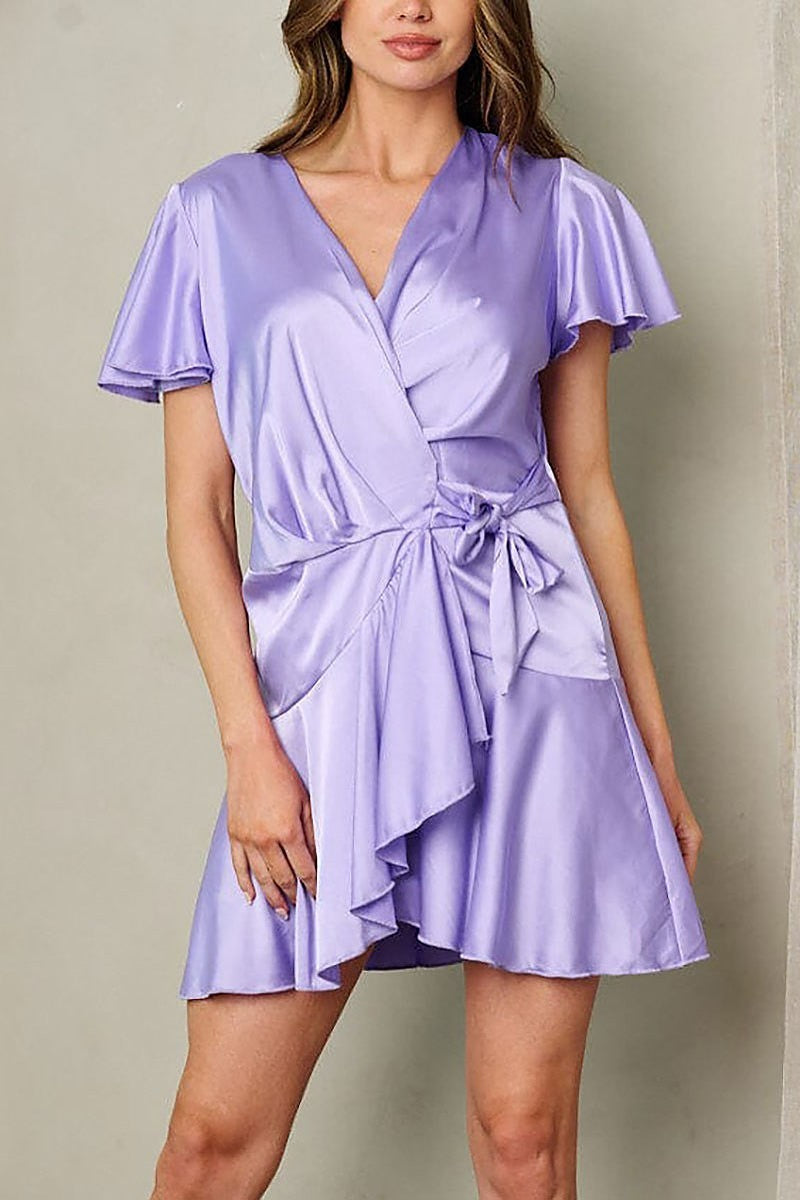 Short sleeve wrap ruffle mini dress (EFWT2844)