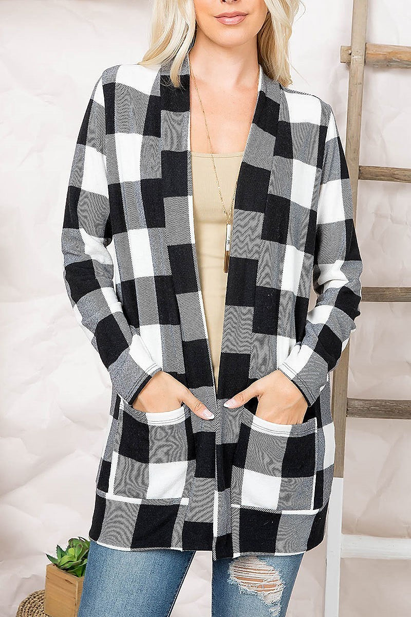 Plaid long sleeve open front pocket cardigan (DGS5488)