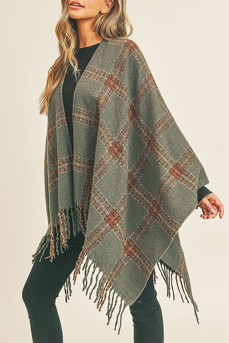 Fringe detail plaid pattern ruana kimono (DGS5732)