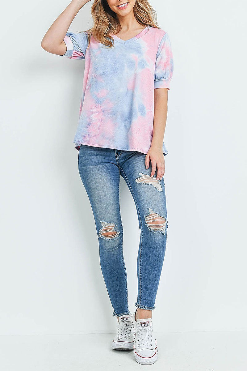 Puff sleeves v neck tie dye top (ED9163)