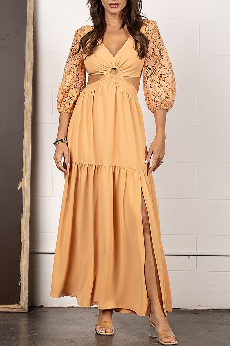 V-neck 3/4 lace sleevesopen back maxi dress (EDSW4015)