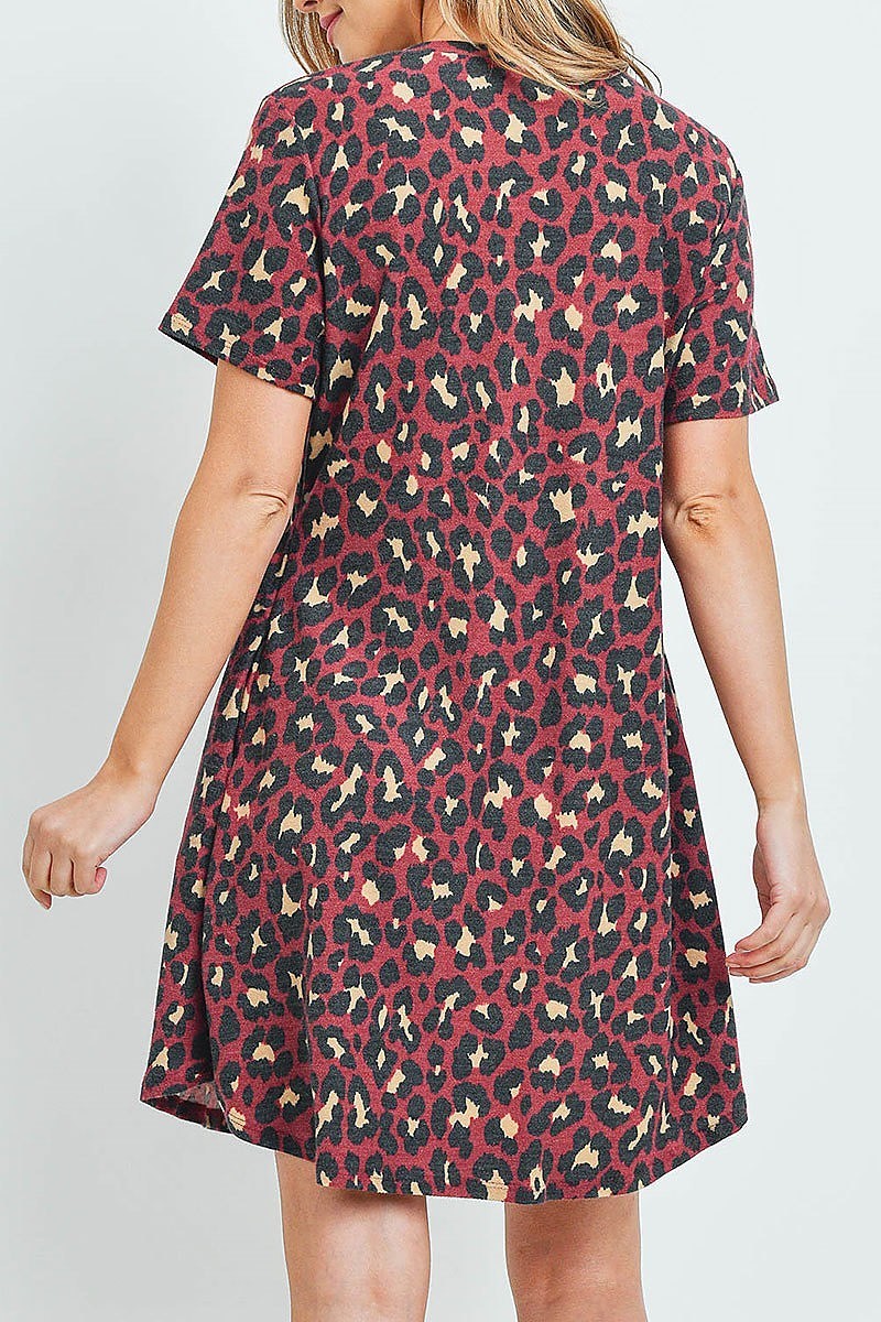 Cinch waist short sleeves on seam pocket leopard dress (DED6081)