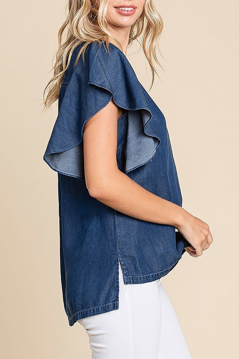 Chambray flutter sleeve top (EDH1625)