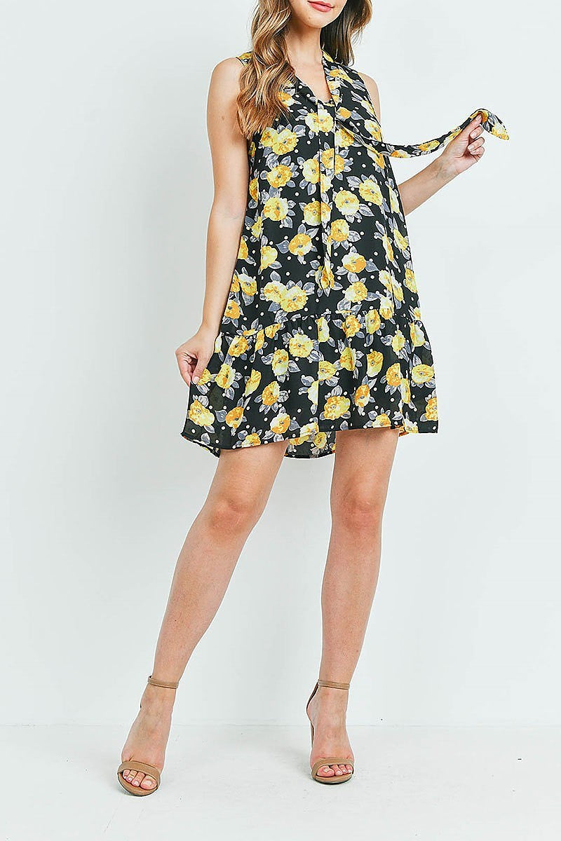 V neck tie neck detail floral polka dot ruffle hem dress (DED6156)