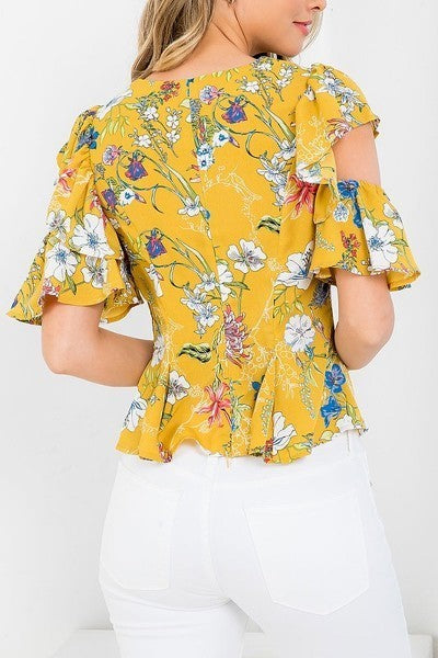 Floral print v neck cut out sleeve top (EF3553-MW1D)