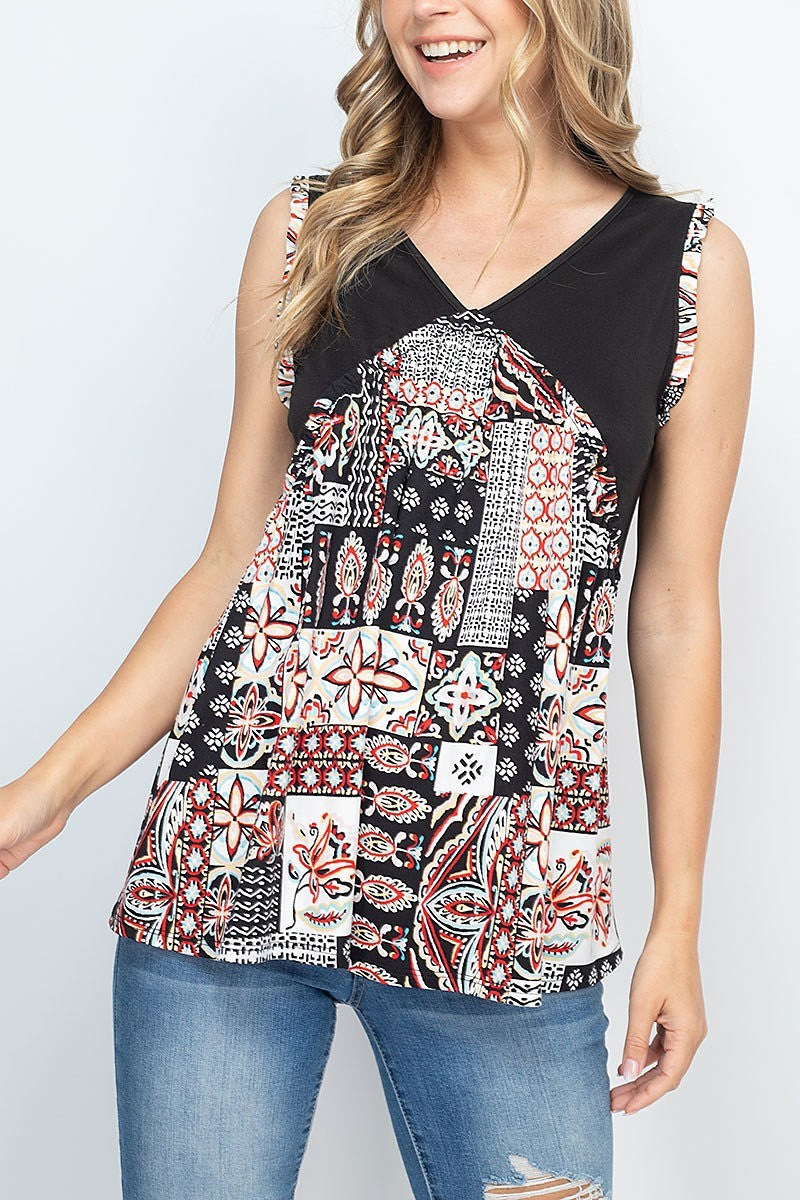 Solid yoke contrast printed sleeveless top (EF1945)