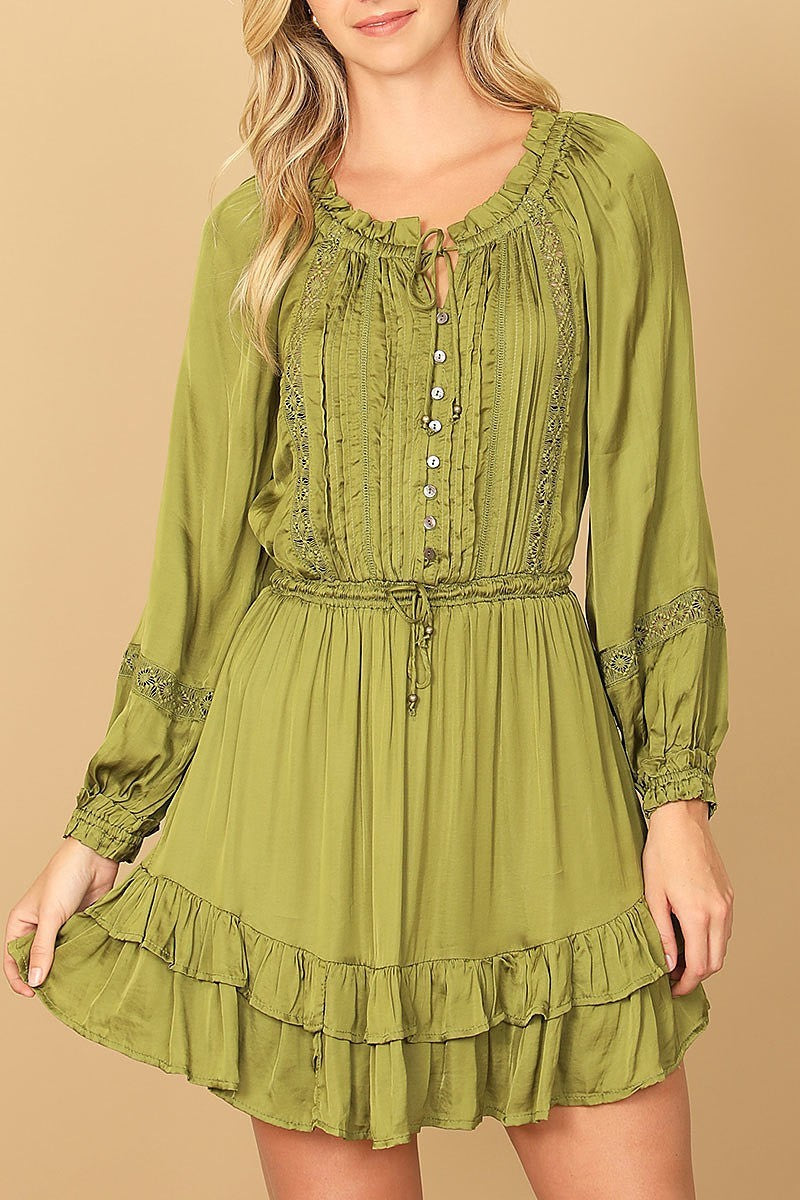 Long sleeve pleated front ruffle hem mini dress (DED9784)