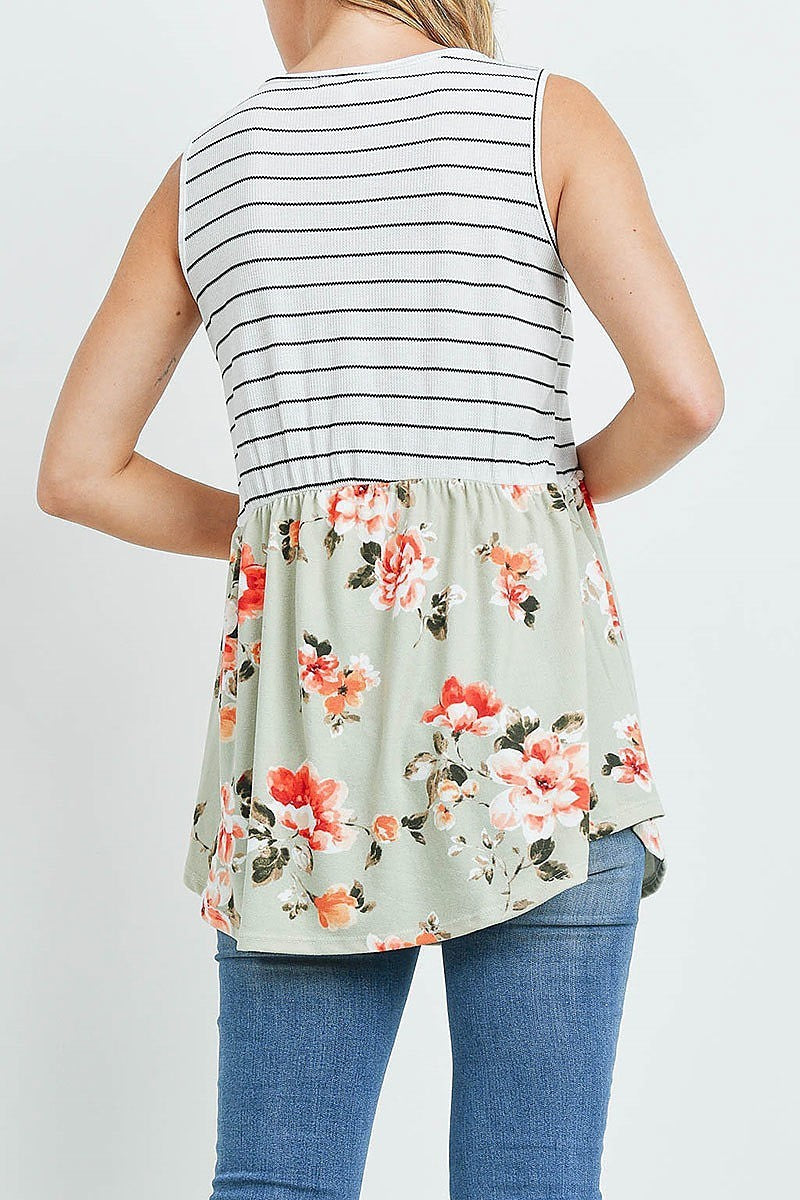 Pompom detail stripes floral contrast top (ED9772)