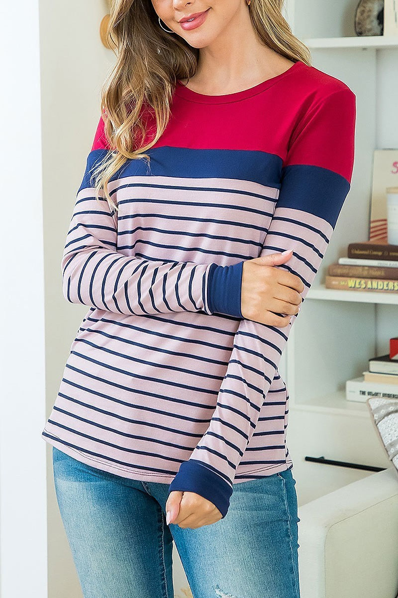 Long sleeve stripes contrast top (EF4714)