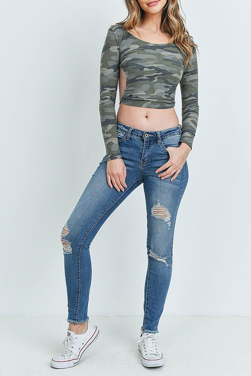 Round neck open tie back camo print top (ED8596)