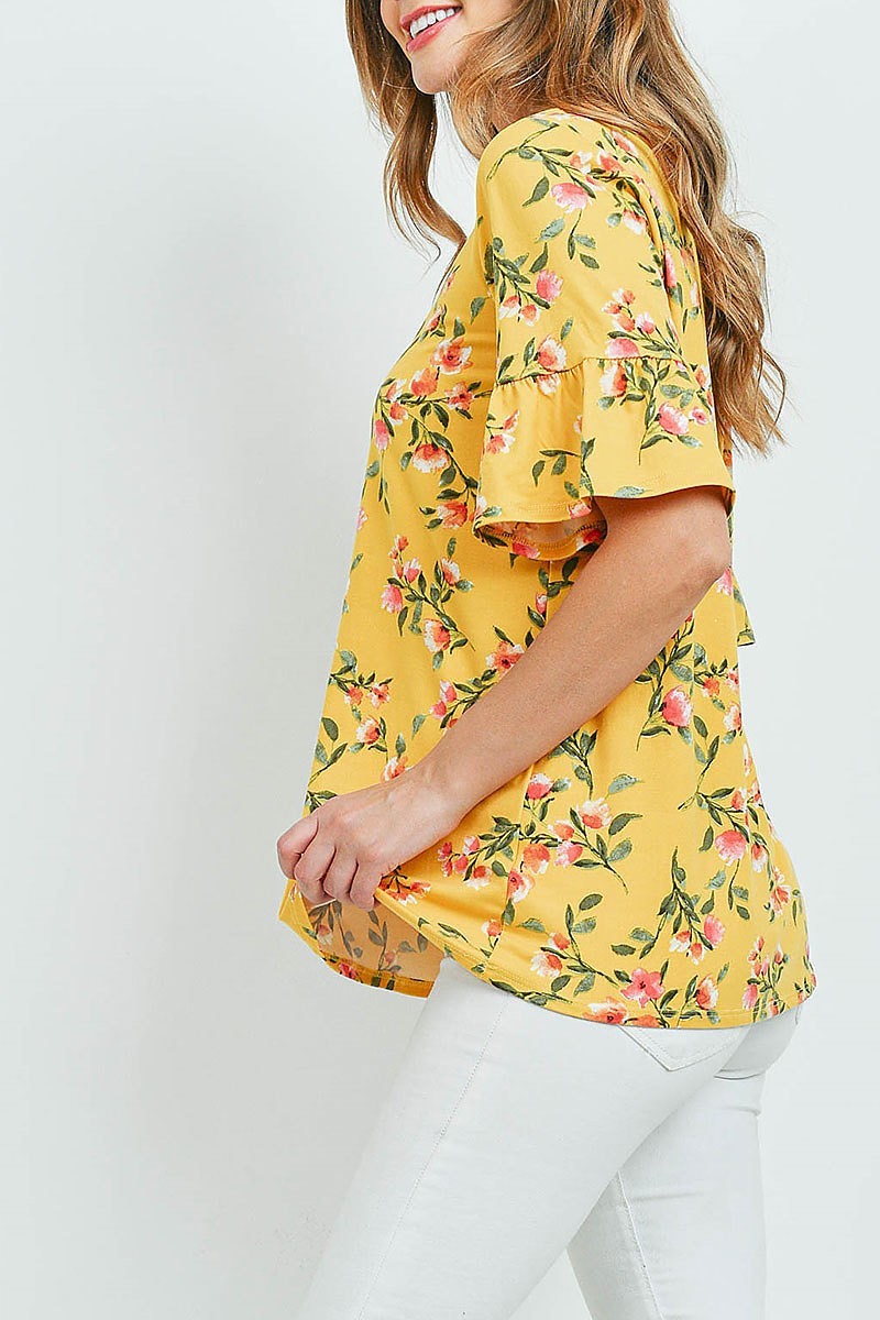 Bell sleeves round neck floral top (ED9699)