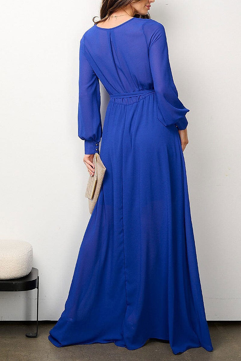 Long sleeve elastic waist surplice mesh maxi dress (EFWT6916)