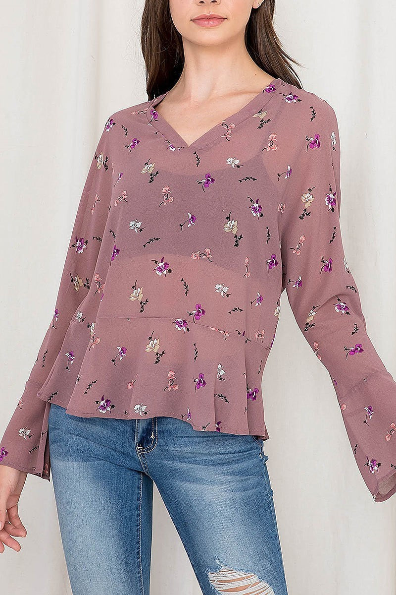 Bell sleeve floral print v neck sheer top (EF2671)