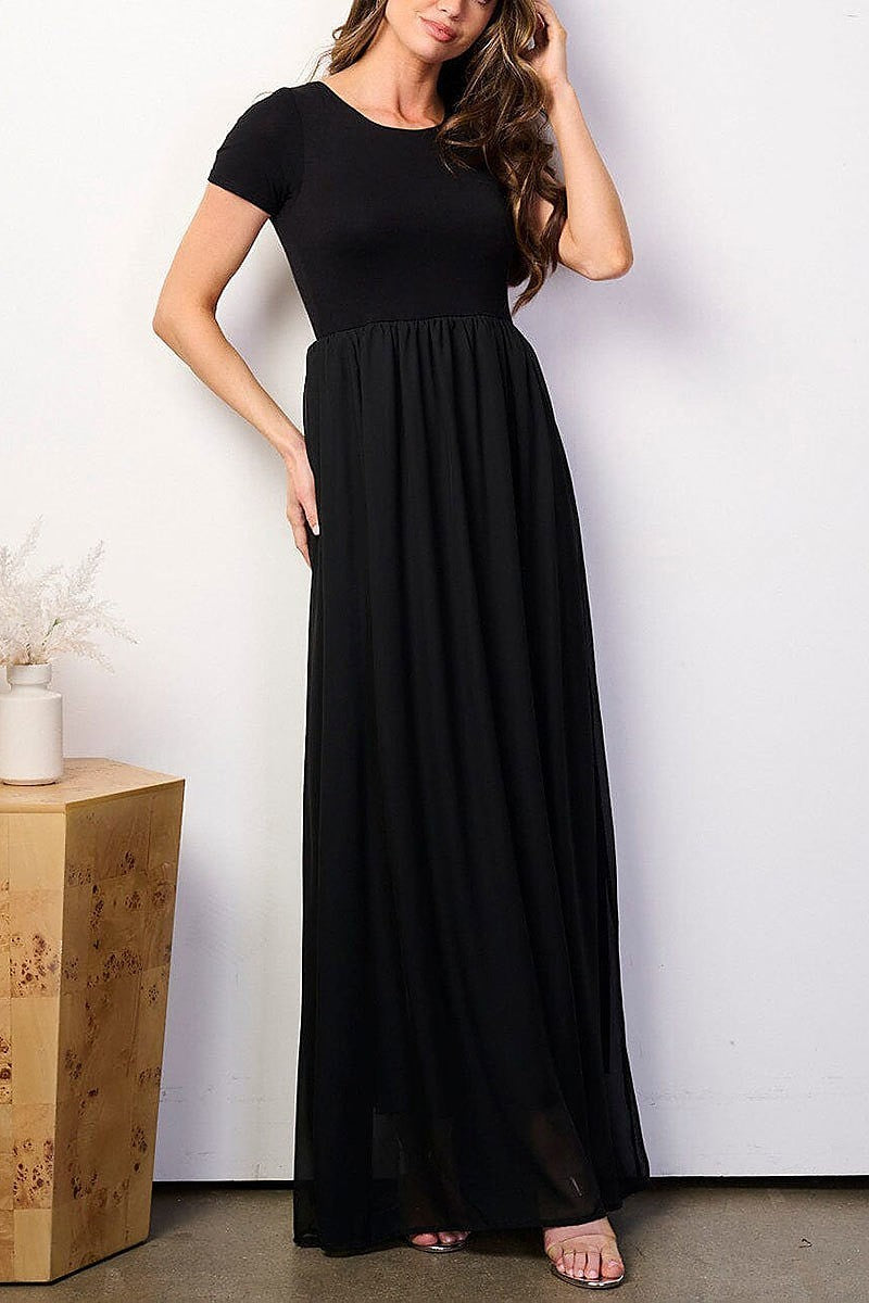 Short sleeve elastic waist colorblock maxi dress (EFWT8912)