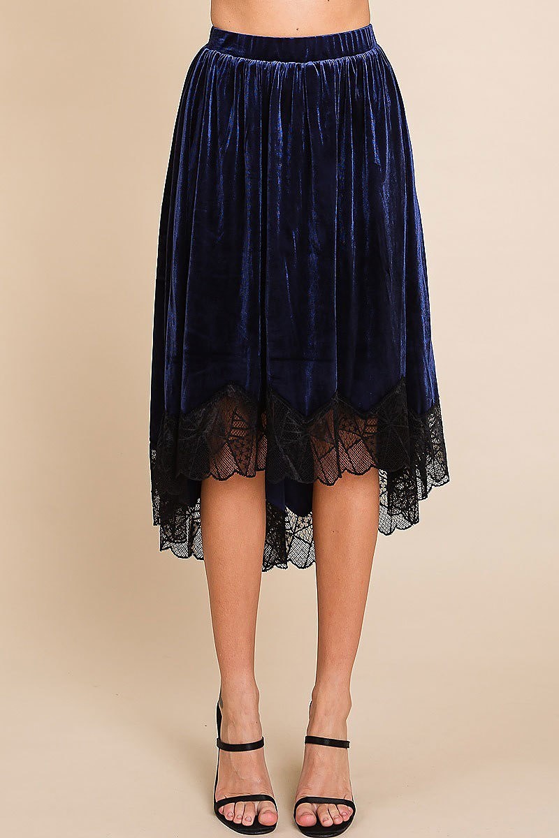 Velvet elastic waistband hi-low midi skirt w lace (EDH1827)