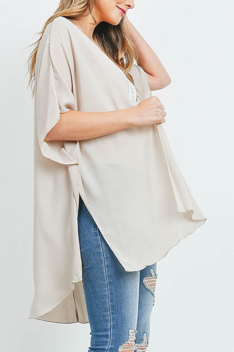 Sheer solid hi lo kimono top (ED9811)