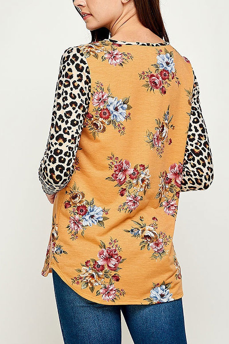 Animal floral pritn cutout front color block top (EF2381)