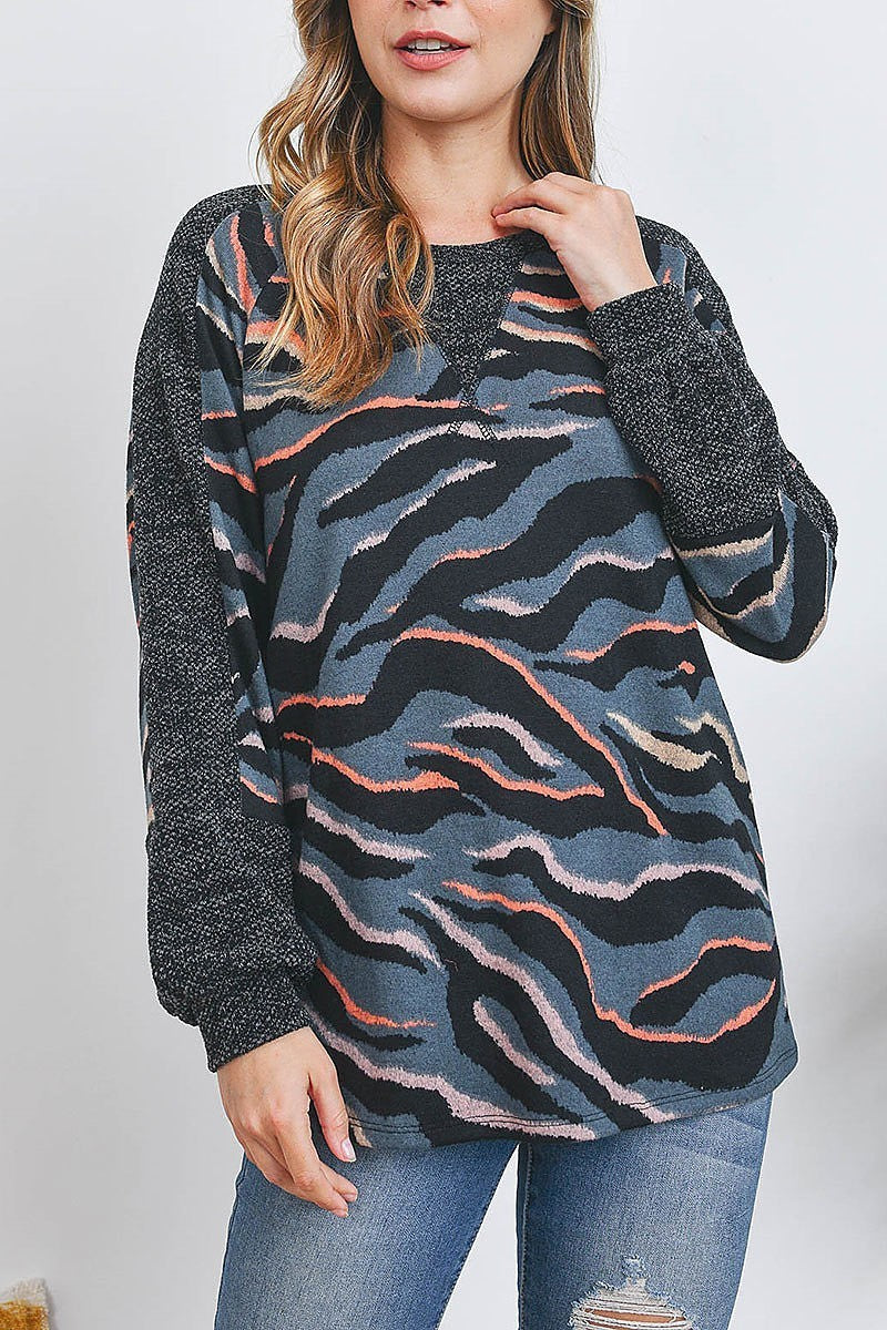 Melange animal print drake pd contrast top (EF2475)