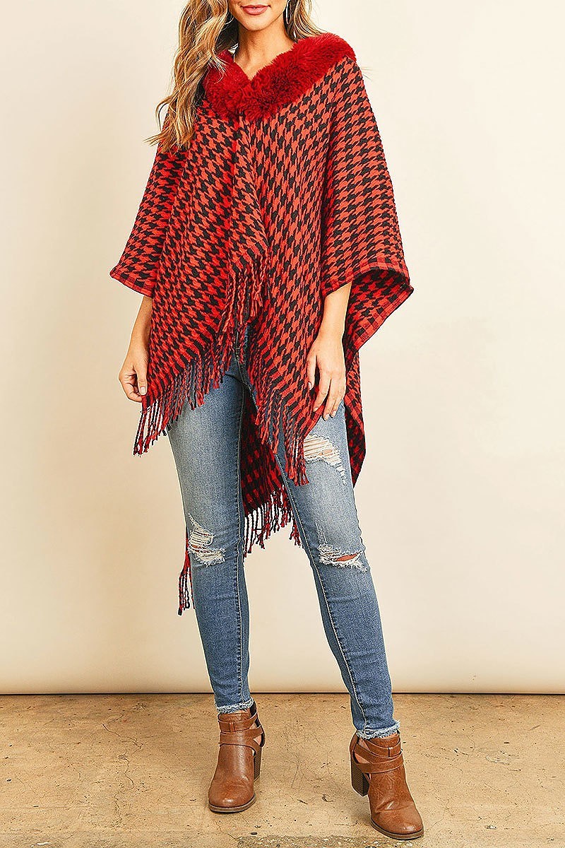 Hounds tooth fur open front kimono (DGS5108)