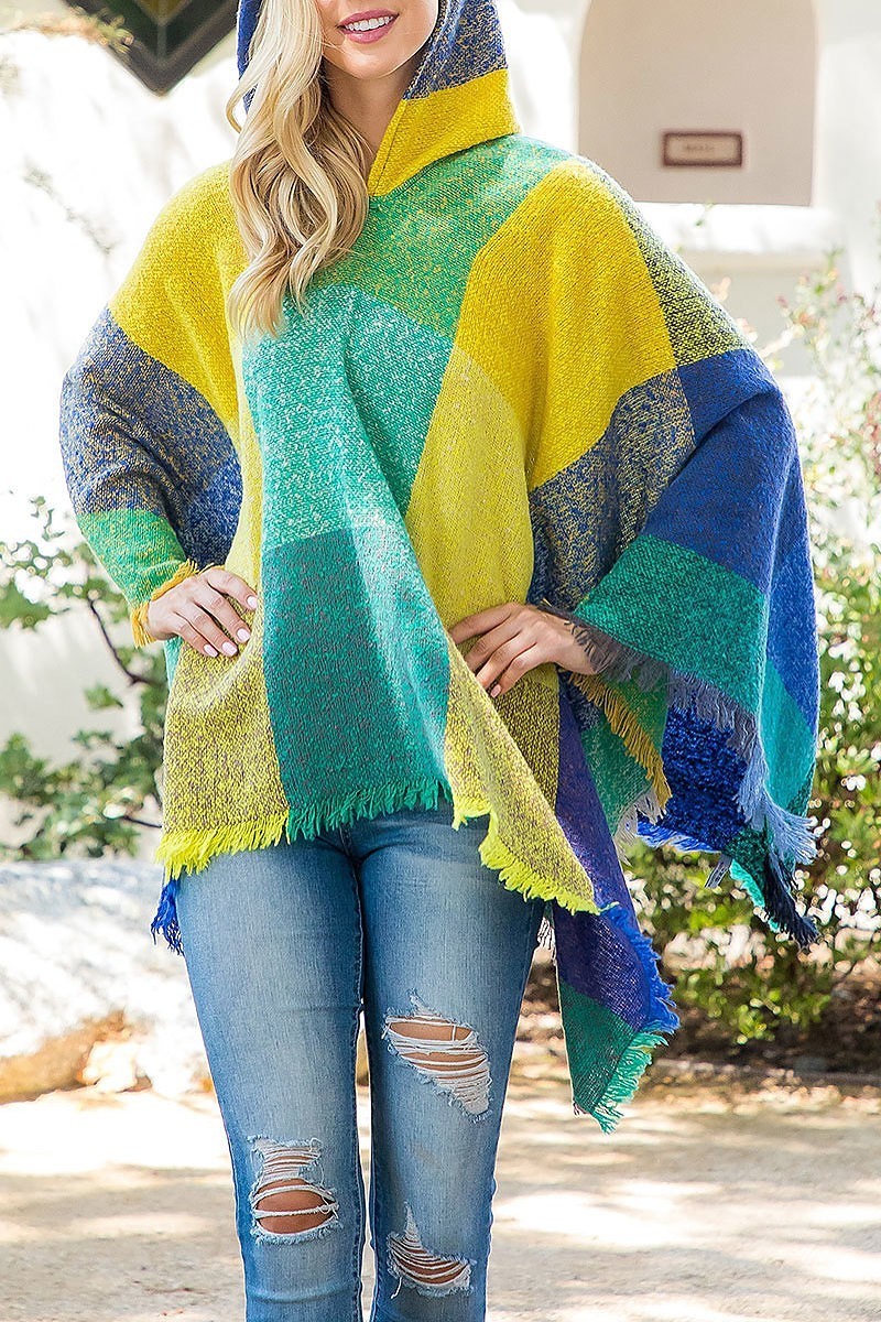 Square multicolor warmer knitted hooded poncho (DGS5851)