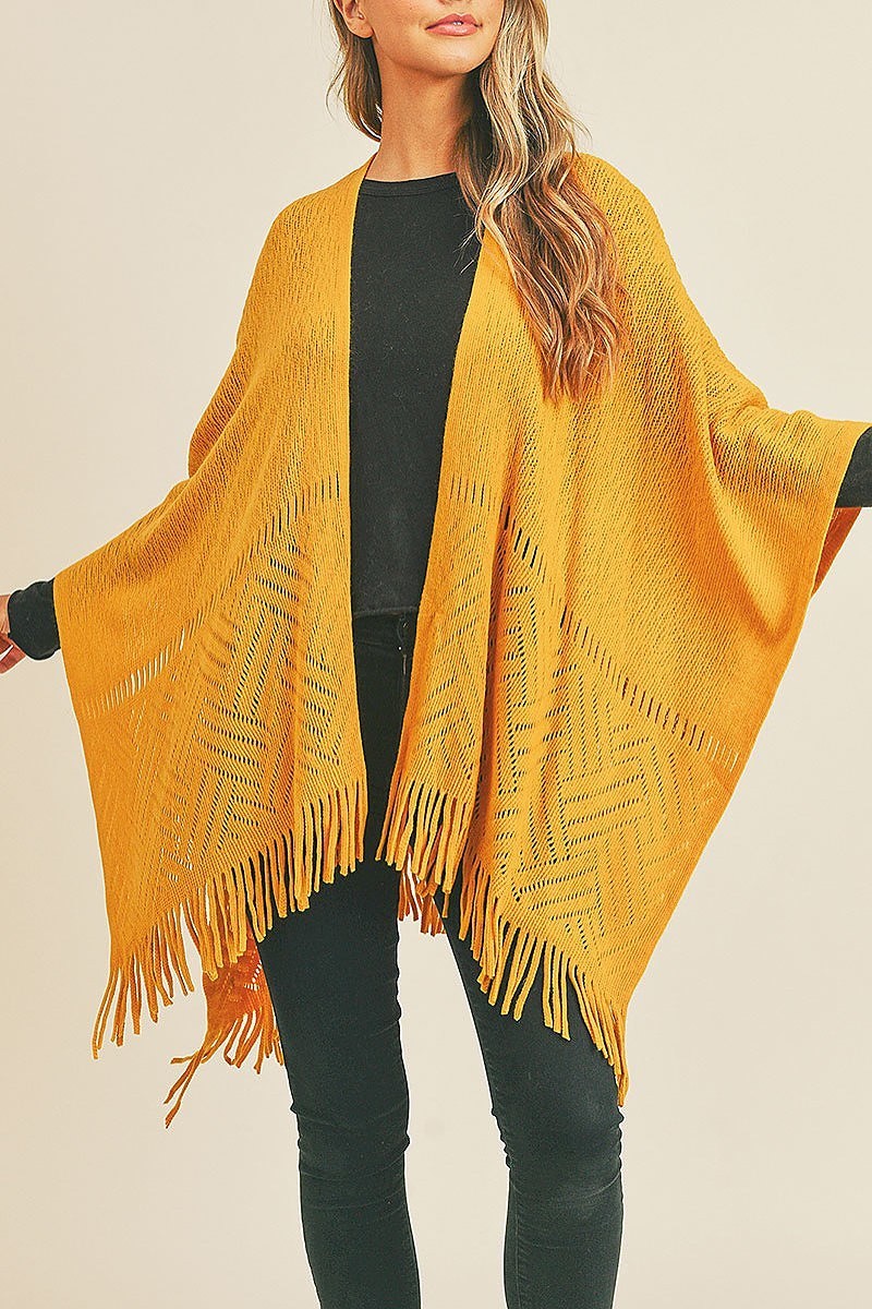 Herringbone knit fringe ruana kimono fringe (DGS5738)