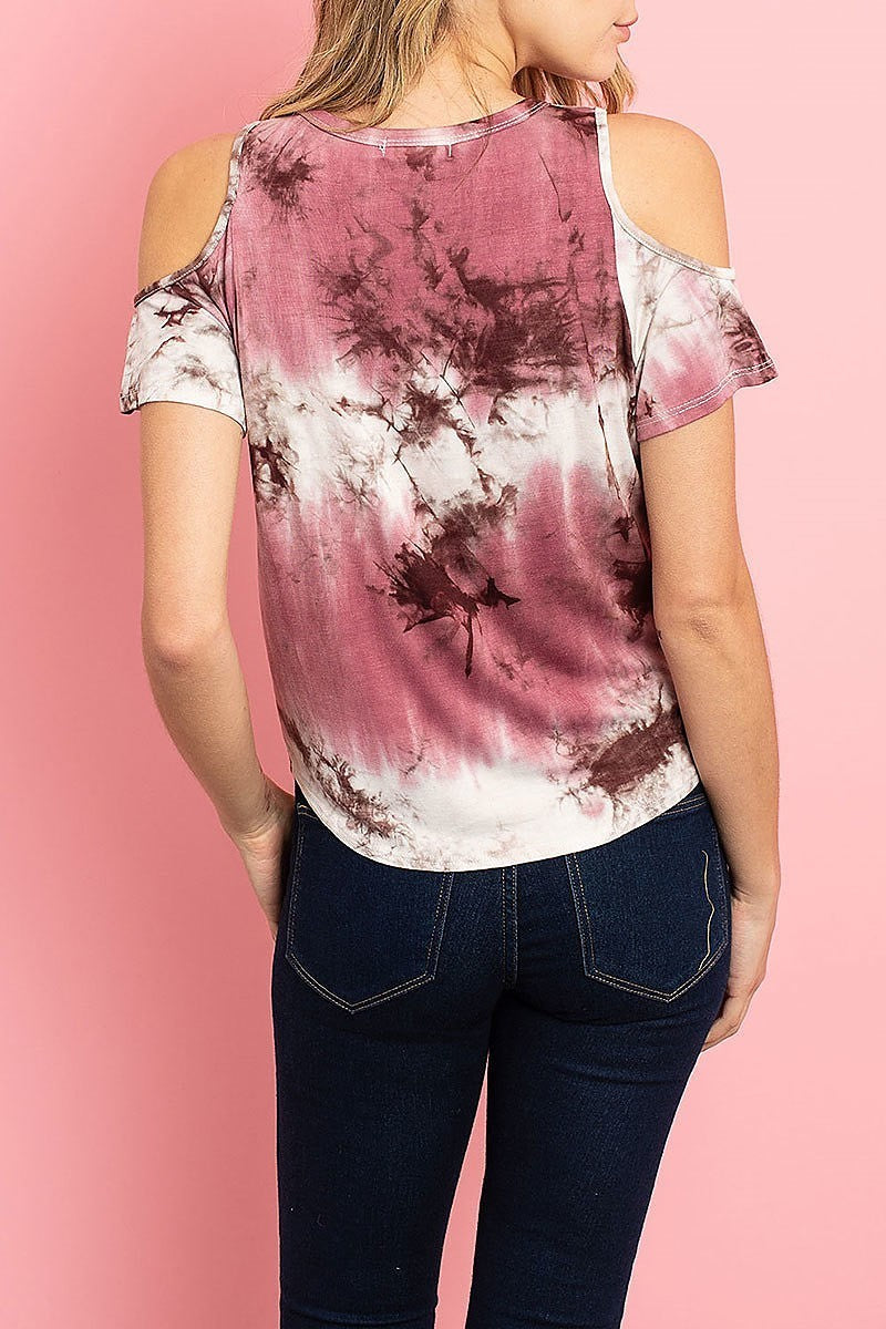 Cutout shoulder waist tie tie dye top (ED7979)