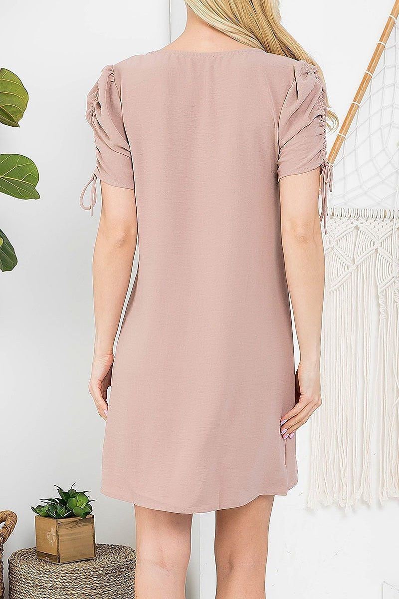 Ruched puff sleeve round neck tunic dress (DED7288)