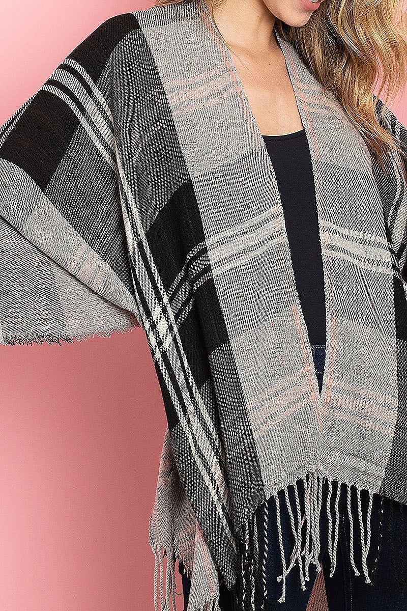 Fringe detail loose fit poncho sweater (DGS4919)