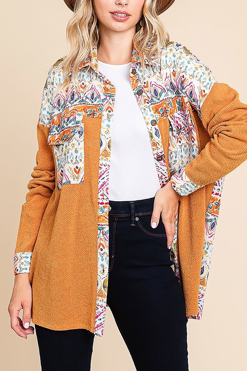 Aztec printed color block shirt jacket (EDH1591)