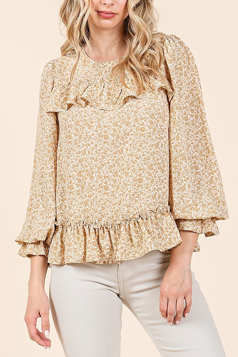 Floral printed long sleeve blouse with ruffle (EDH2176)