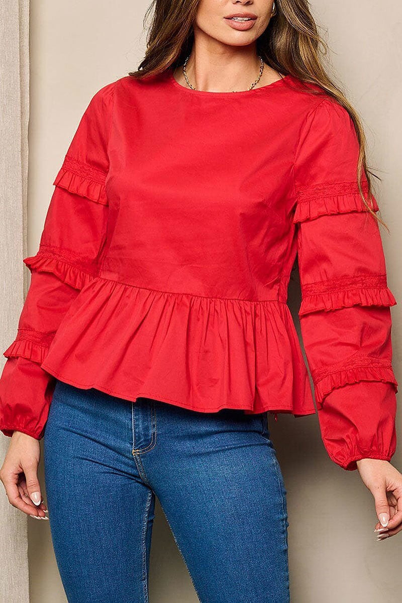 Long ruffle sleeve peplum blouse top (EFWT4482)