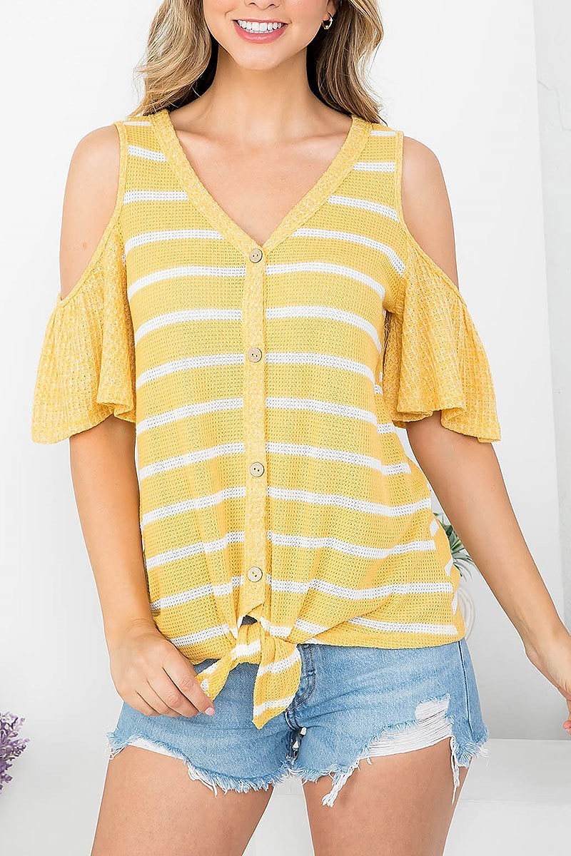 Button front cutout shoulder stripe top (EF4233)