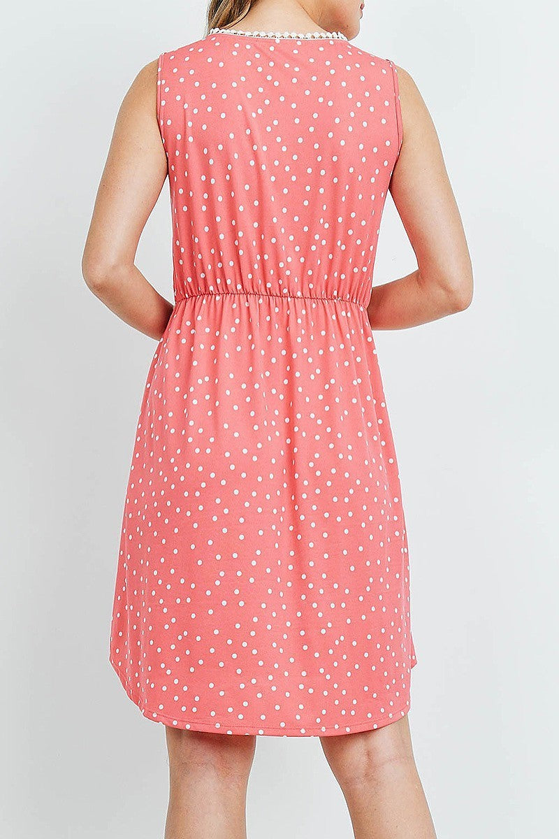 Polka dot sleeveless pompom detail neckline cinch waist baby doll dress with pockets (DED6176-3)