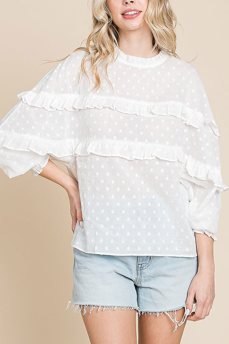 Snow dot voile mock neck dolman blouse (EDH1084)