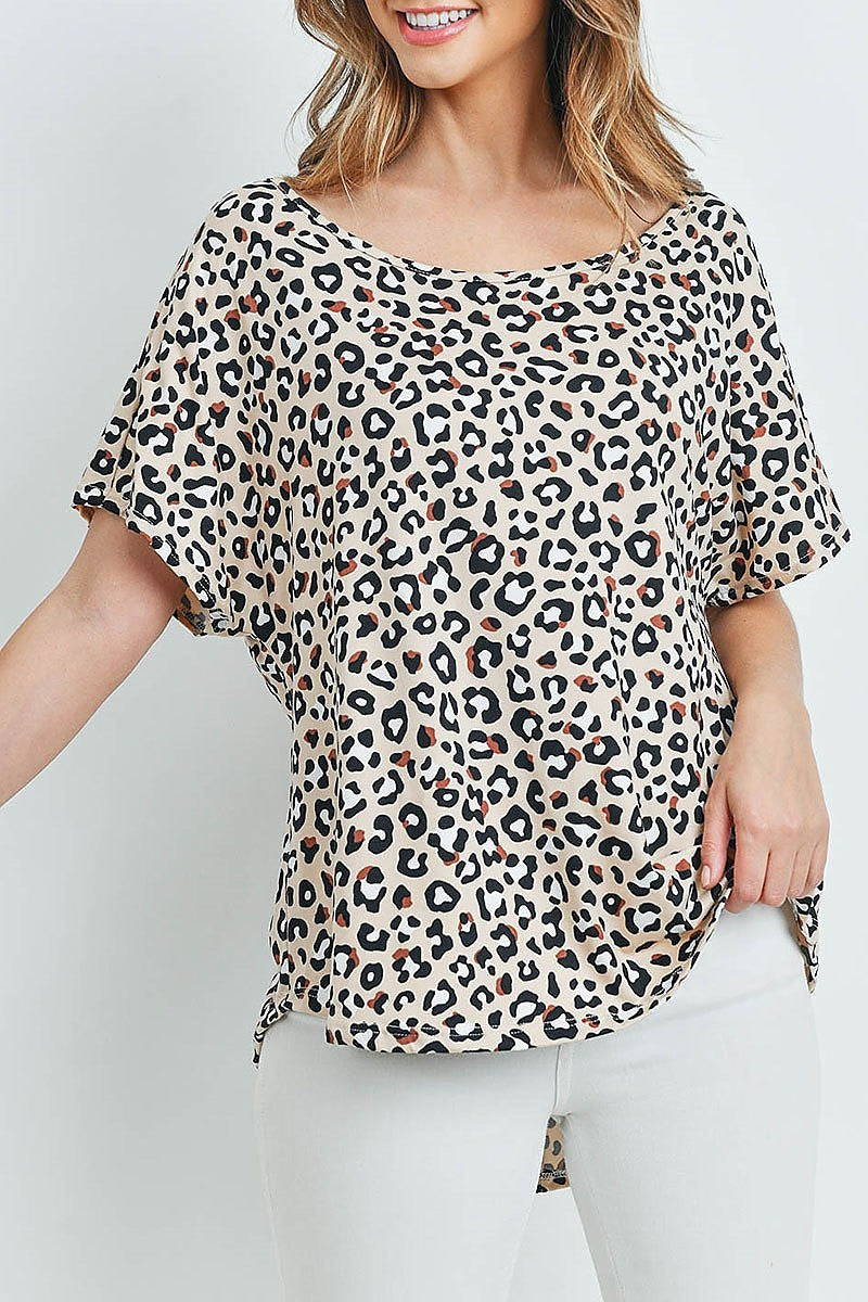 Round neck zipper neck detail animal print top (ED8629-2)