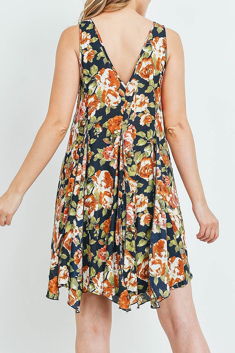 V neck floral print asymmetrical hem flare dress (DED6157)