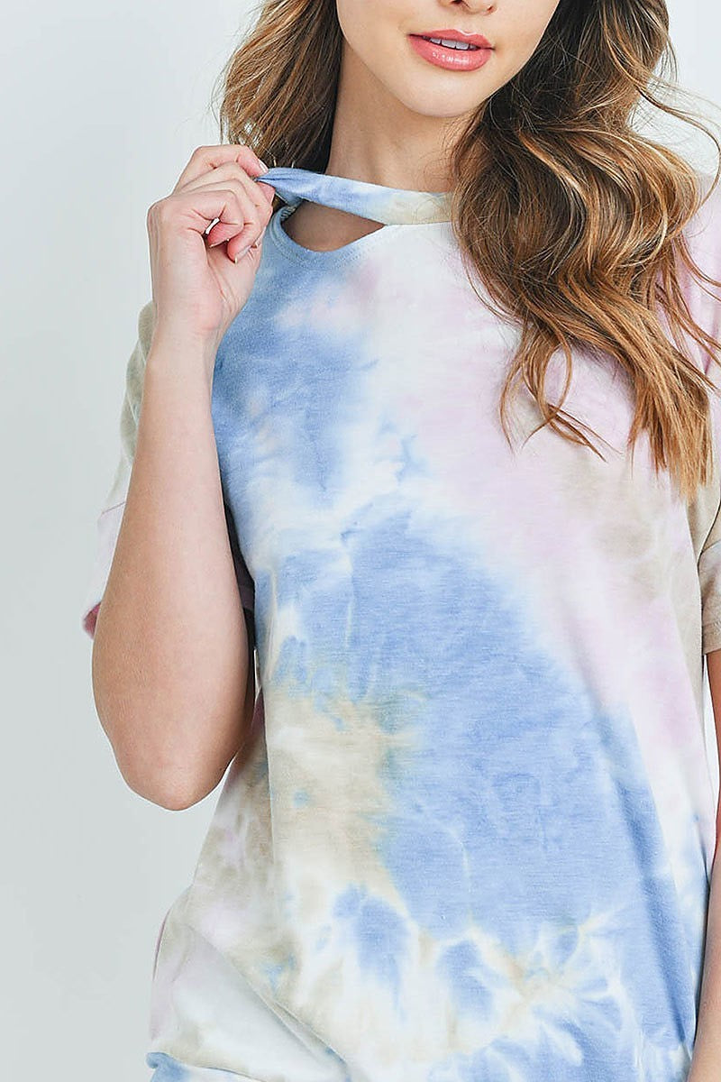 Cutout neckline tie dye banded hem top (ED9157)