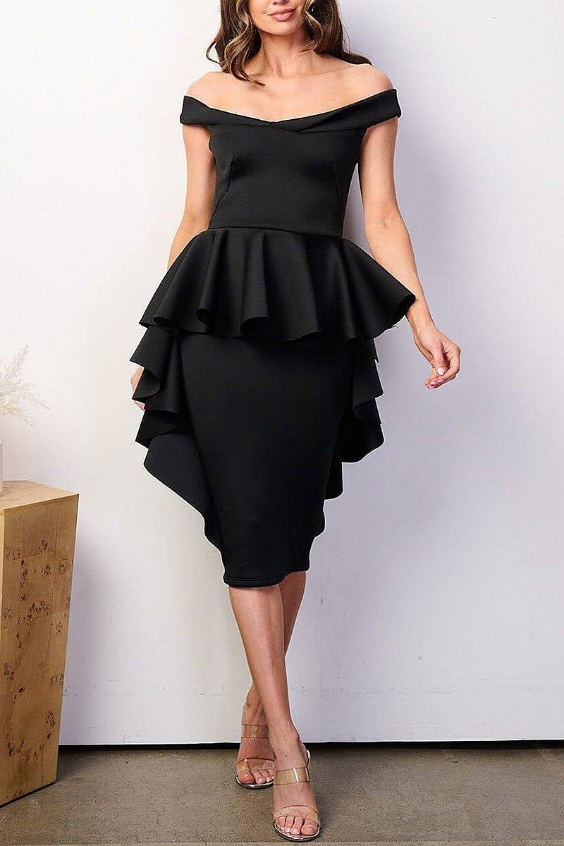 Off shoulder bodycon bandage ruffle midi dress (EFWT8513)