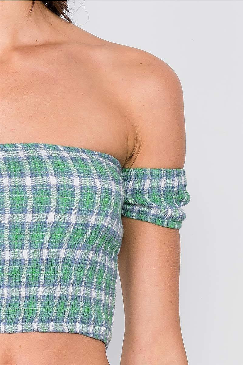 Checkered cotton chic off shoulder crop top (TDG5892)