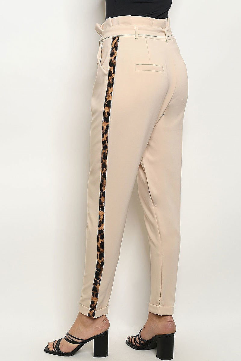 Animal print contrast waist tie slim pants (DGB2830)