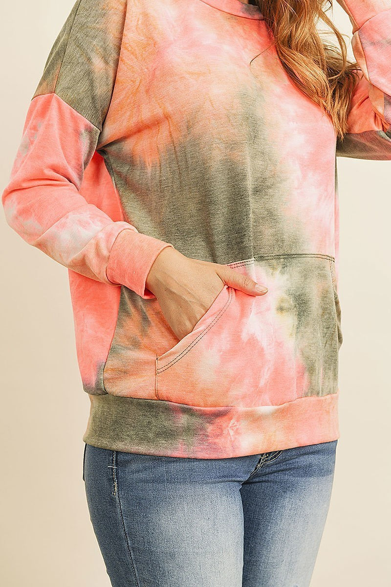 Fleeced french terry tie dye pullover with kangaroo pockets (ED8381-1-1)